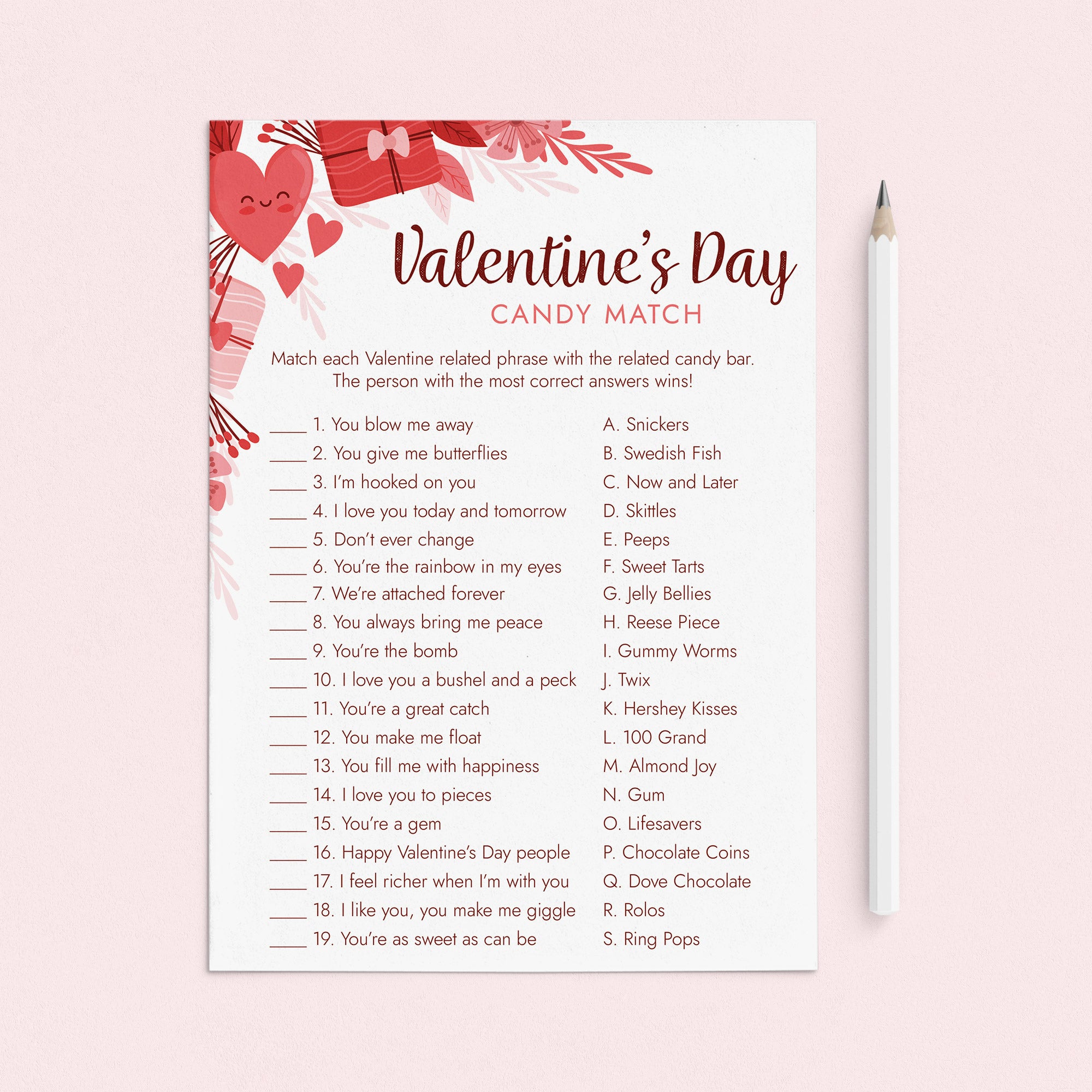 Printable Valentine's Day Candy Game with Answers by LittleSizzle