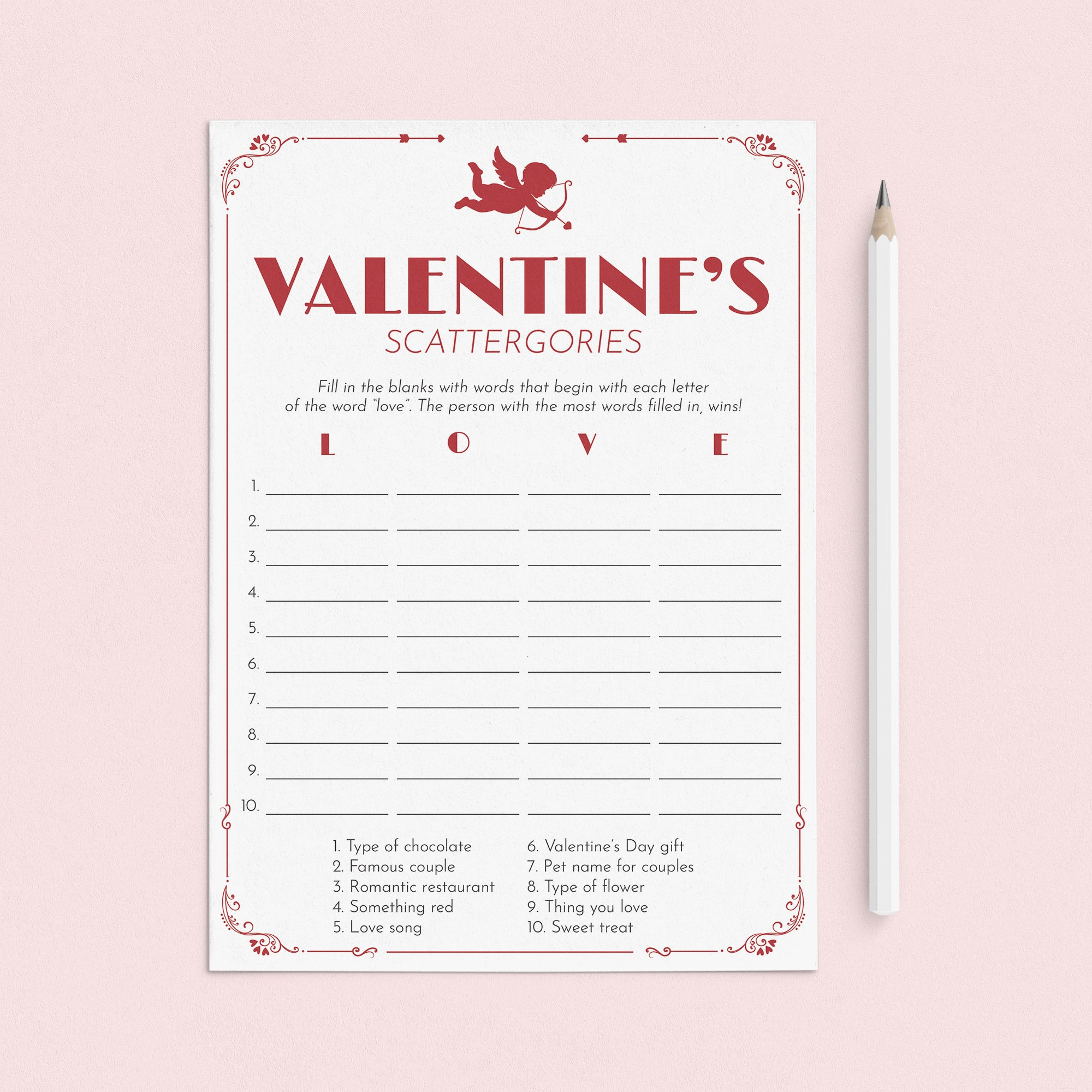 Valentines Game with Cupid Printable Scattergories by LittleSizzle