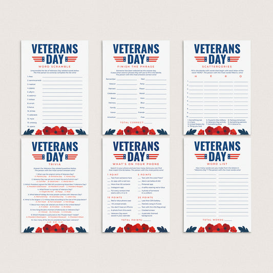 Printable Veterans Day Games and Activities with Red Poppies