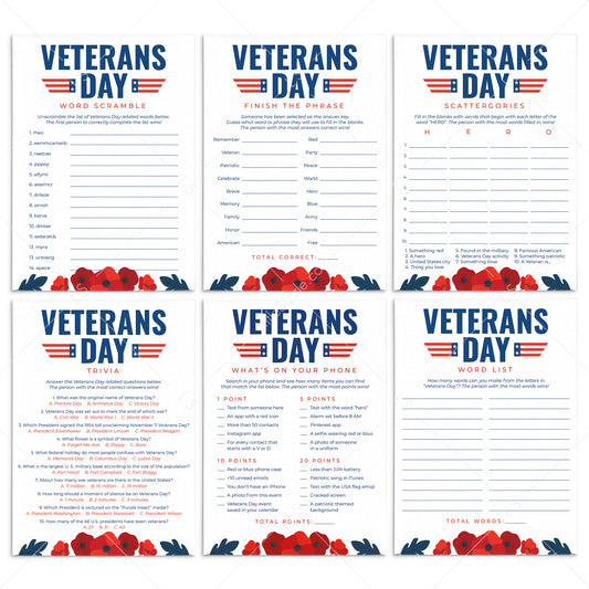 Printable Veterans Day Games and Activities with Red Poppies