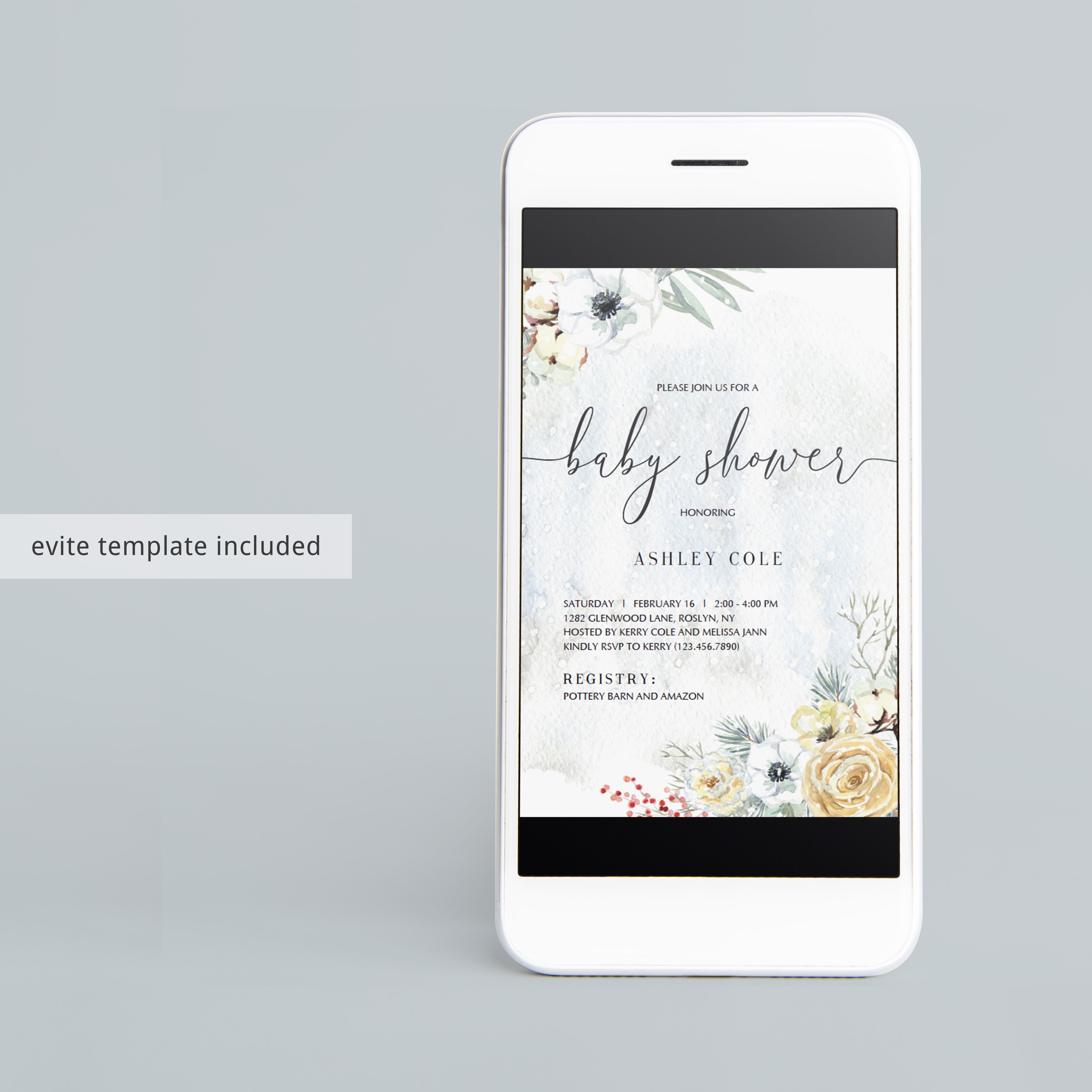 Watercolor flowers on winter themed invitations by LittleSizzle