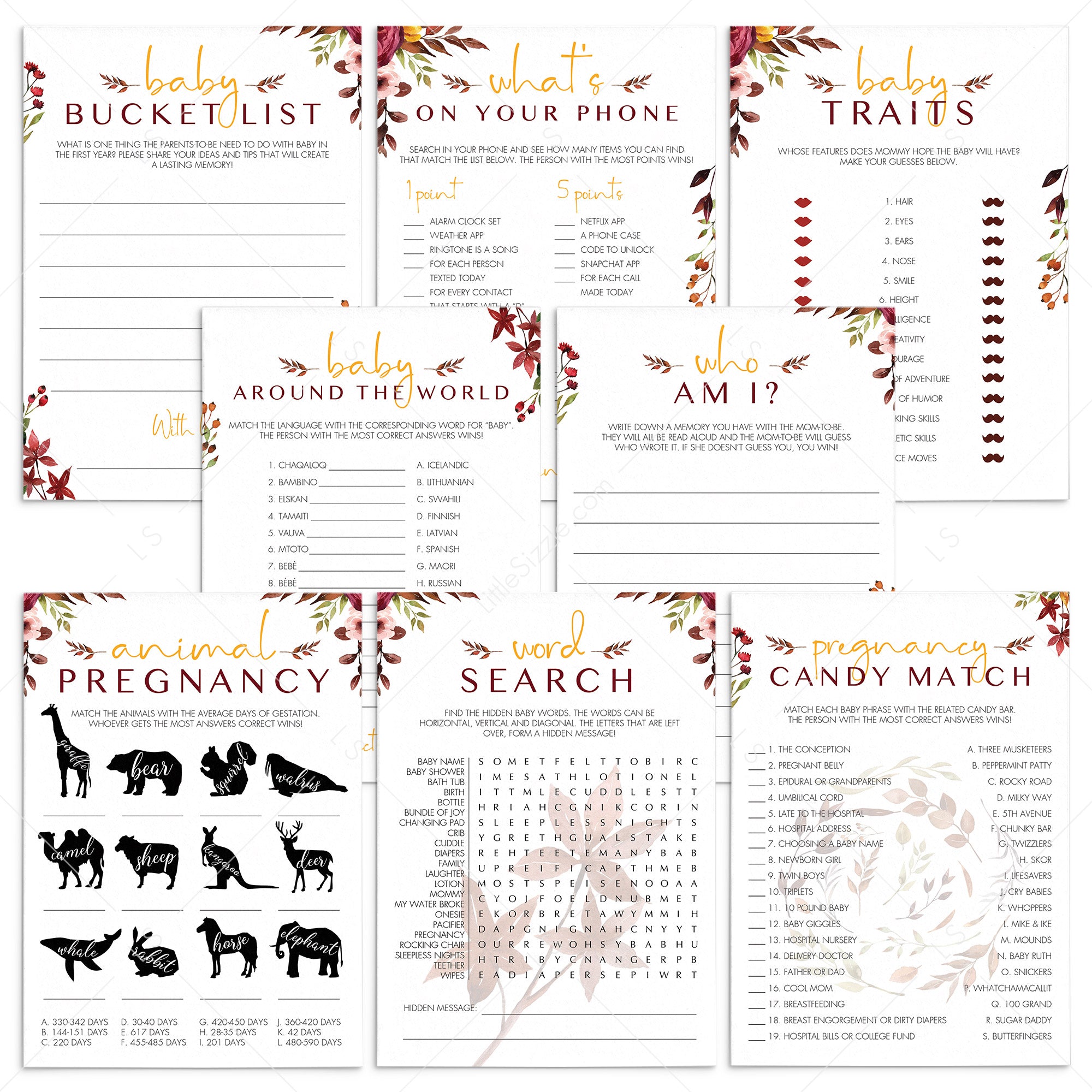 Burgundy Floral Baby Shower Games Kit Printable by LittleSizzle