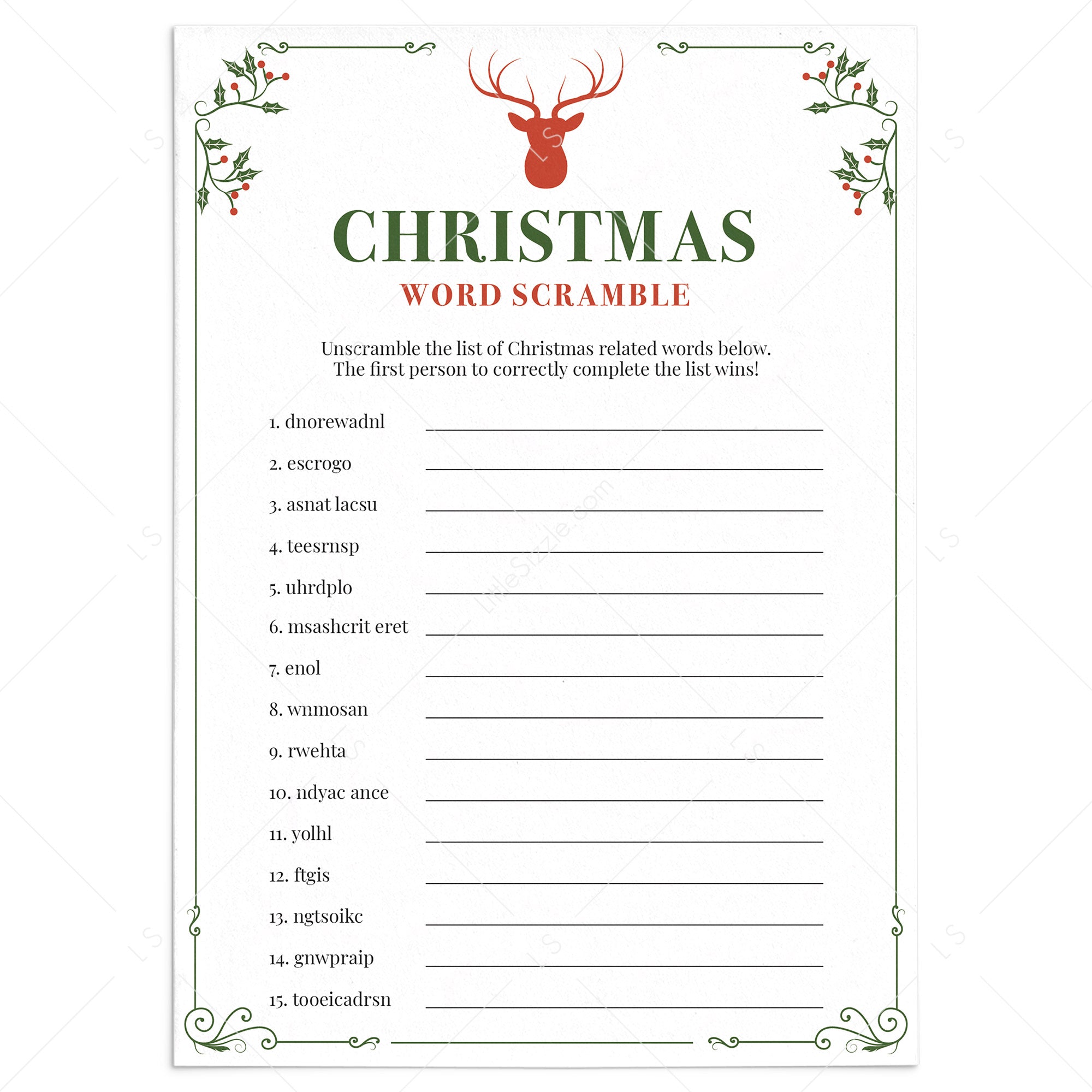 Xmas Word Scramble Game Printable by LittleSizzle