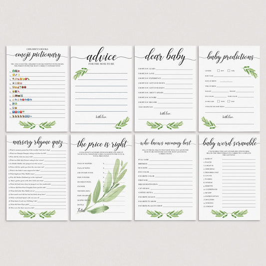 Virtual Baby Shower Game Bundle Greenery