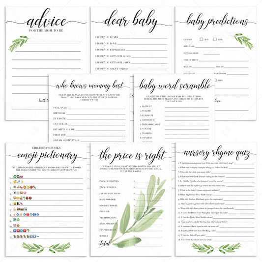 Virtual Baby Shower Game Bundle Greenery