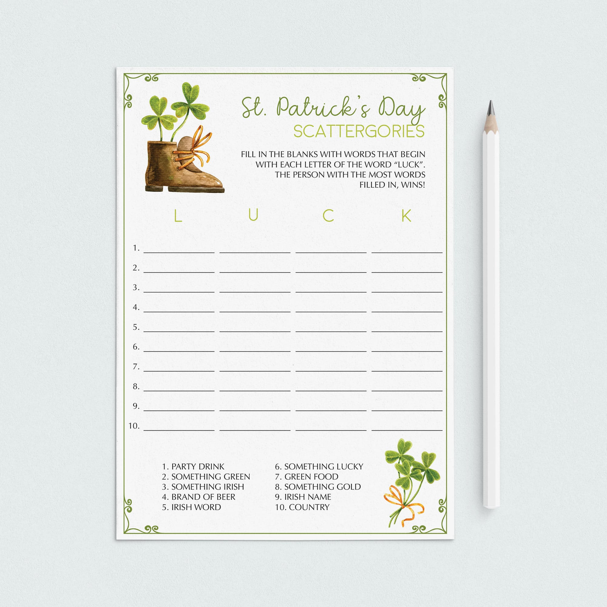 St Patricks Day Scattergories Game Template by LittleSizzle