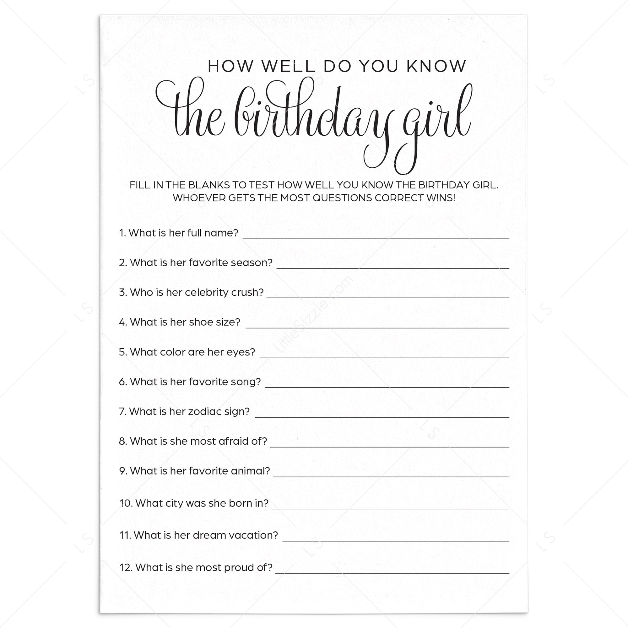 How Well Do You Know The Birthday Girl Printable