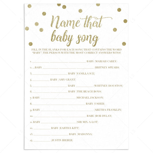 Name that song baby shower game gold confetti by LittleSizzle