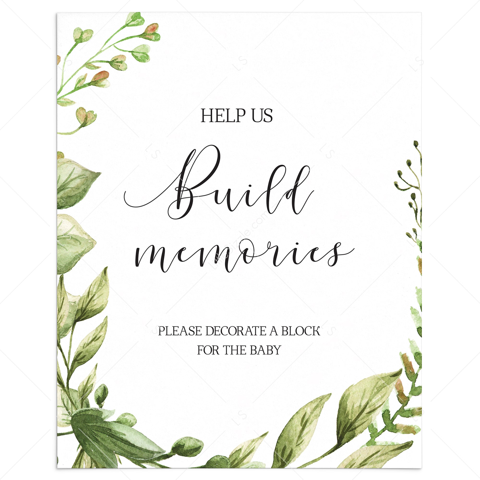 Build memories baby shower activity sign printable green leaves by LittleSizzle