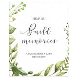 Build memories baby shower activity sign printable green leaves by LittleSizzle