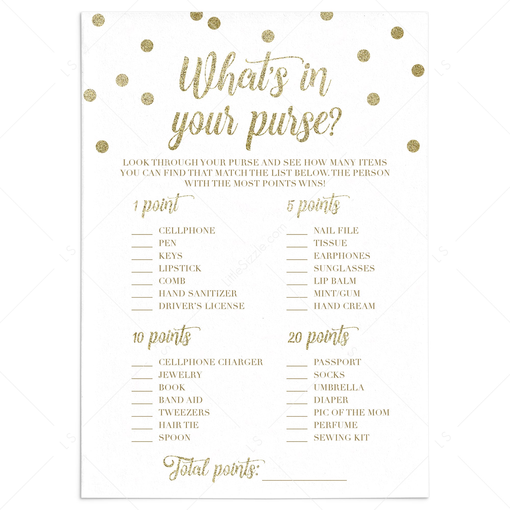 Printale purse game for gold theme baby shower by LittleSizzle