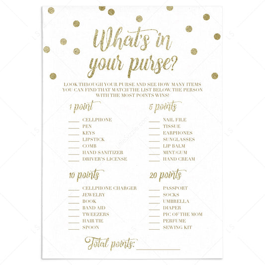 Printale purse game for gold theme baby shower by LittleSizzle