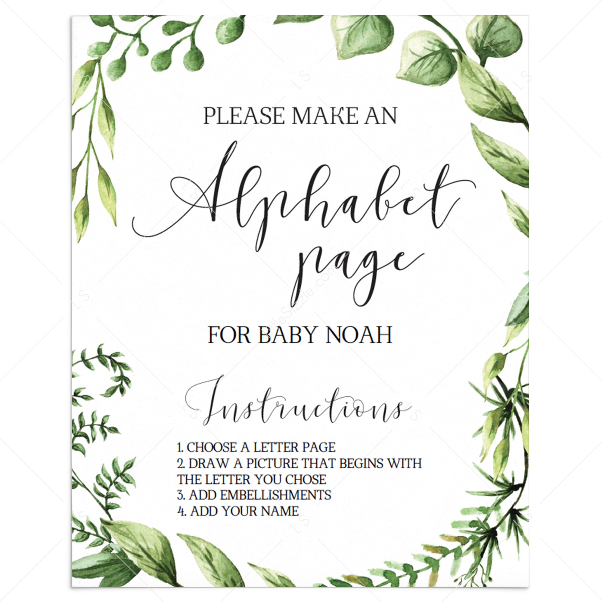 Greenery baby shower alphabet book signage printable by LittleSizzle