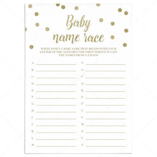 Gold baby shower games a to z baby names printable by LittleSizzle