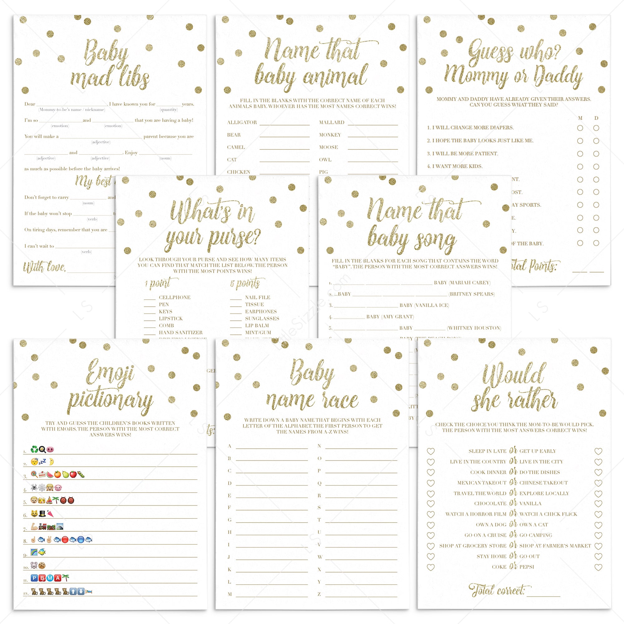 Printable package of 8 baby shower games gender neutral by LittleSizzle