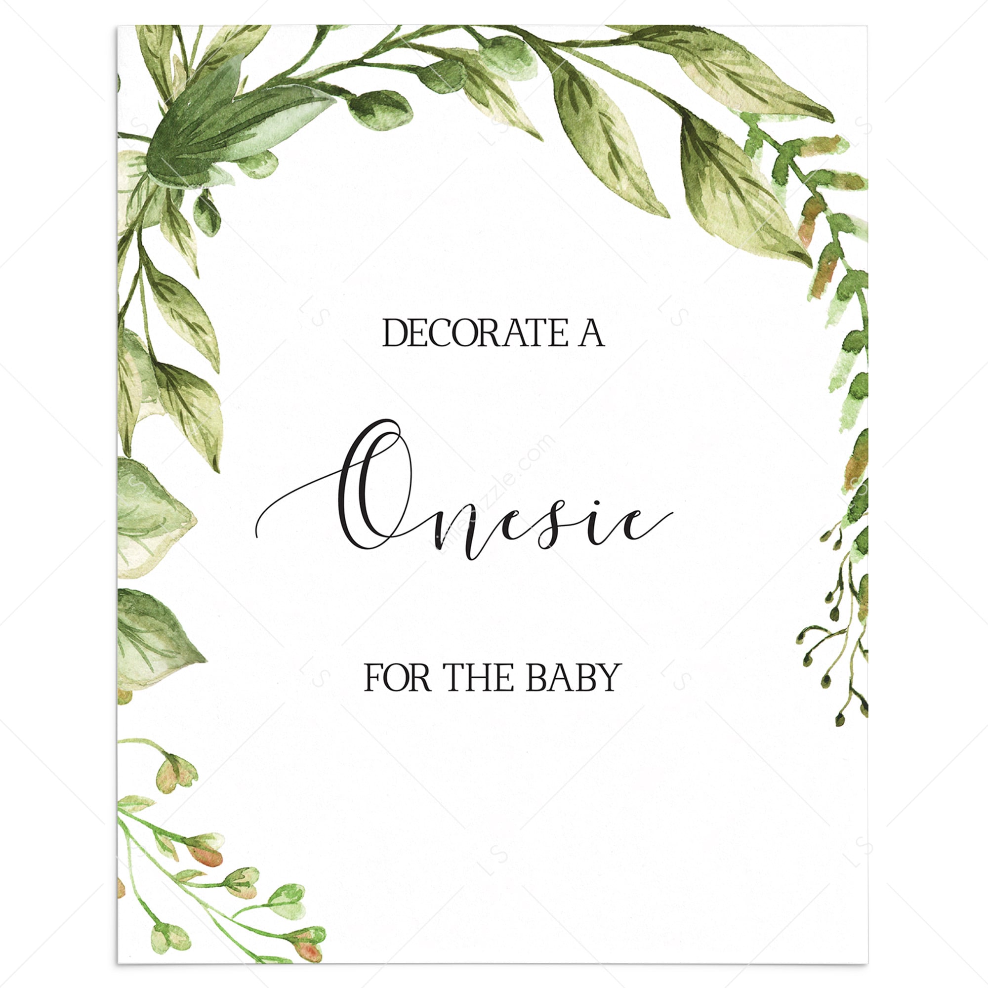 Decorate a onesie baby shower table sign printable green leaves by LittleSizzle