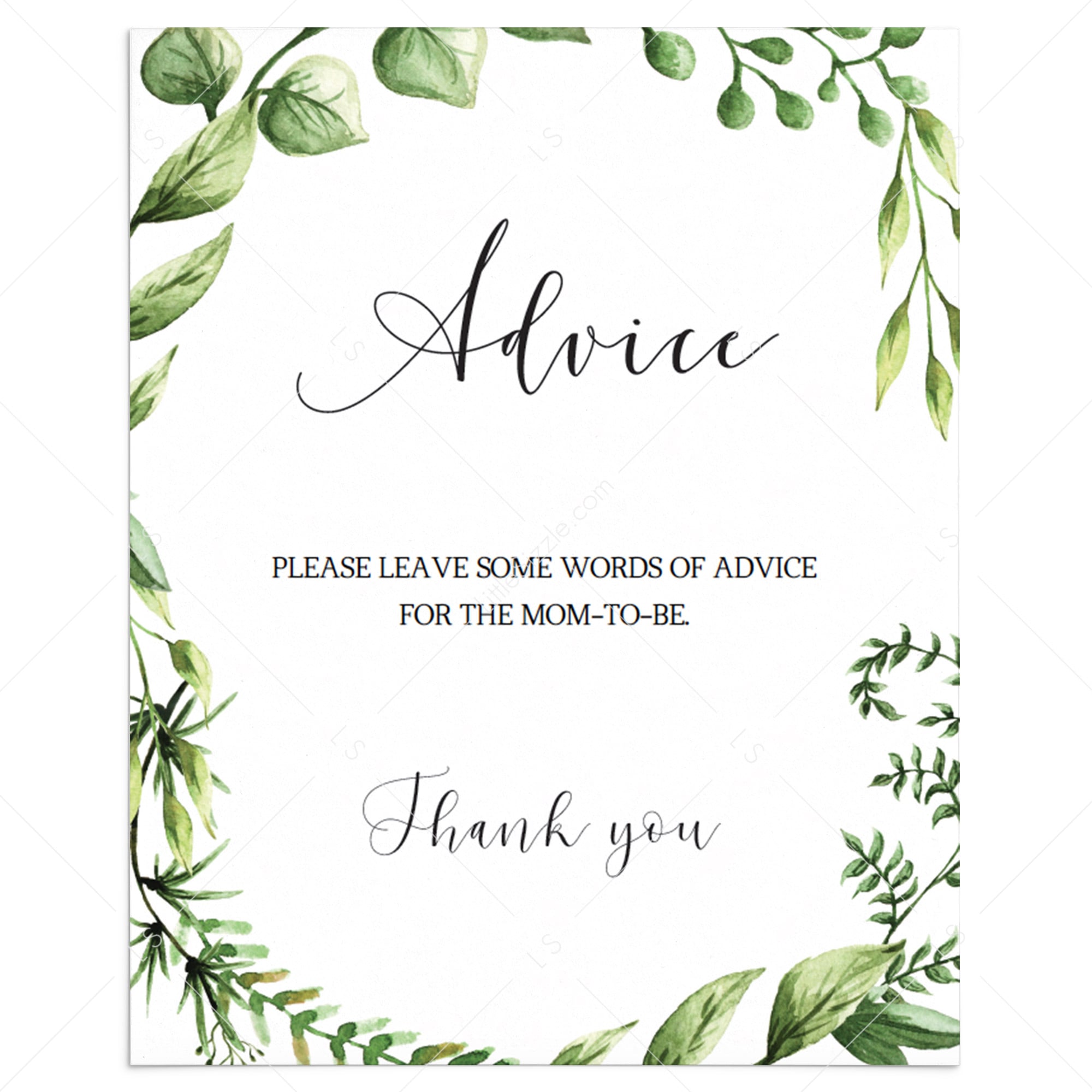 Baby shower advice sign printable with watercolor greenery by LittleSizzle