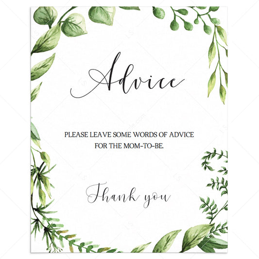 Baby shower advice sign printable with watercolor greenery by LittleSizzle