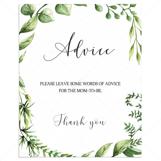 Baby shower advice sign printable with watercolor greenery by LittleSizzle