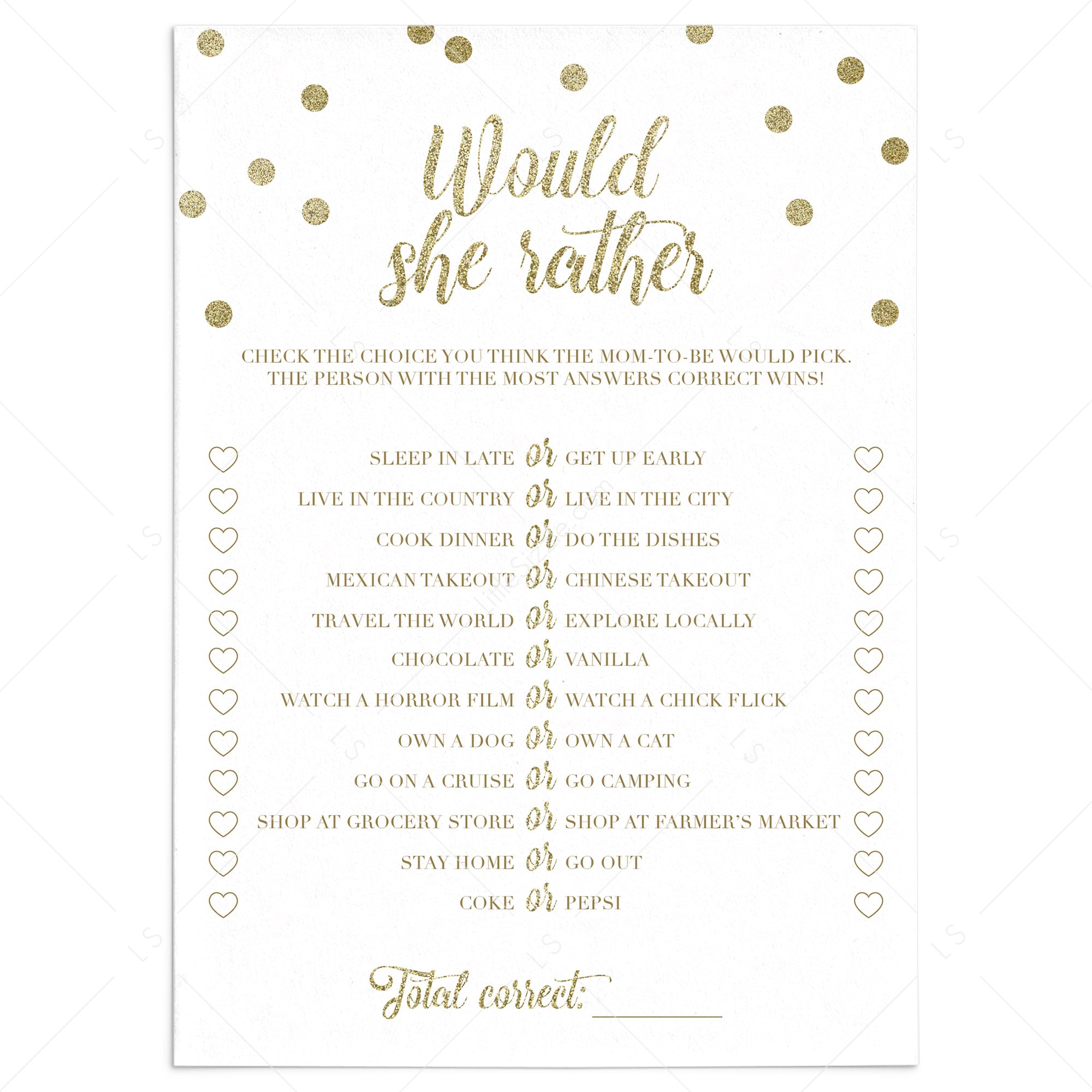 Printable would she rather baby shower game gold confetti by LittleSizzle