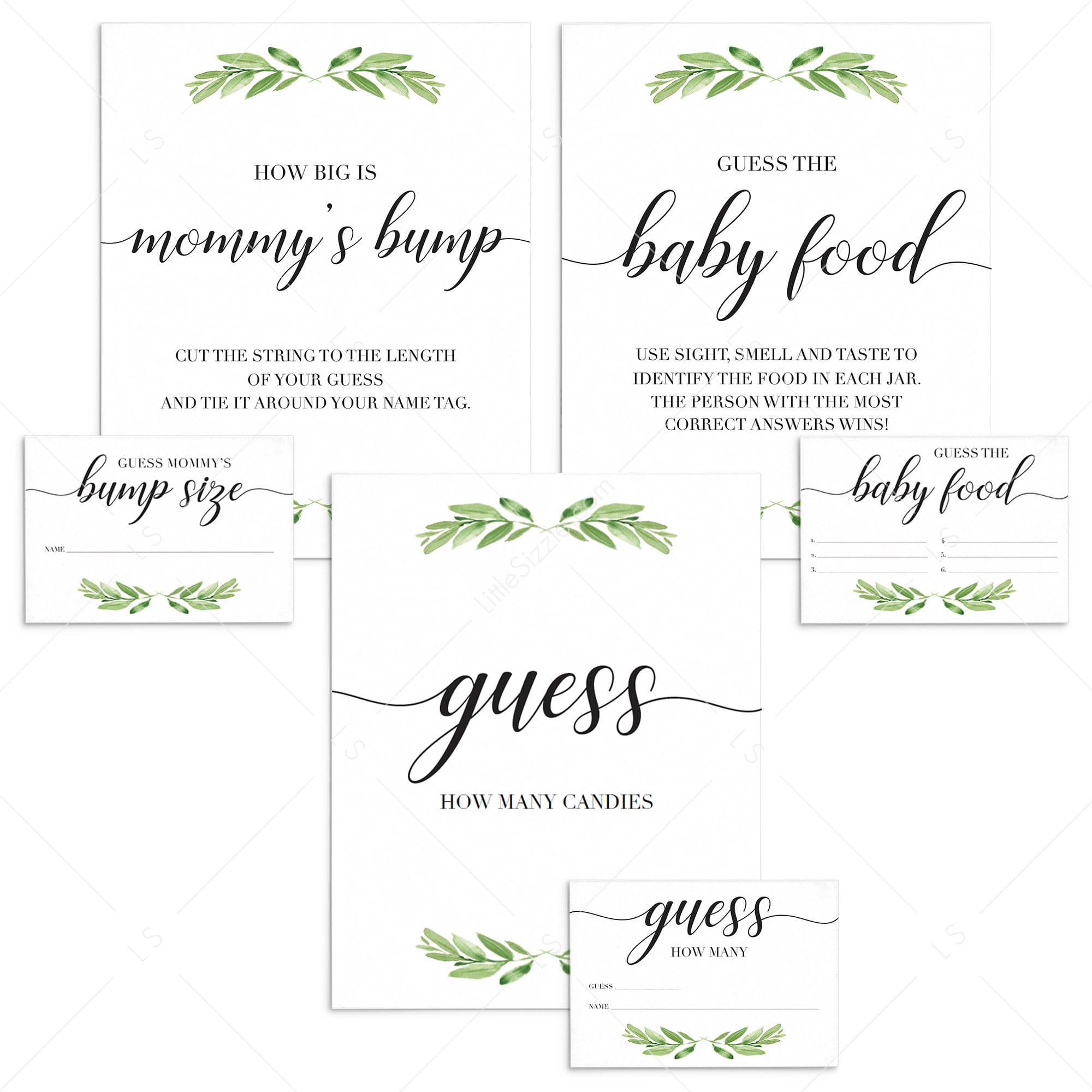 Greenery baby shower guessing signs and cards printables by LittleSizzle