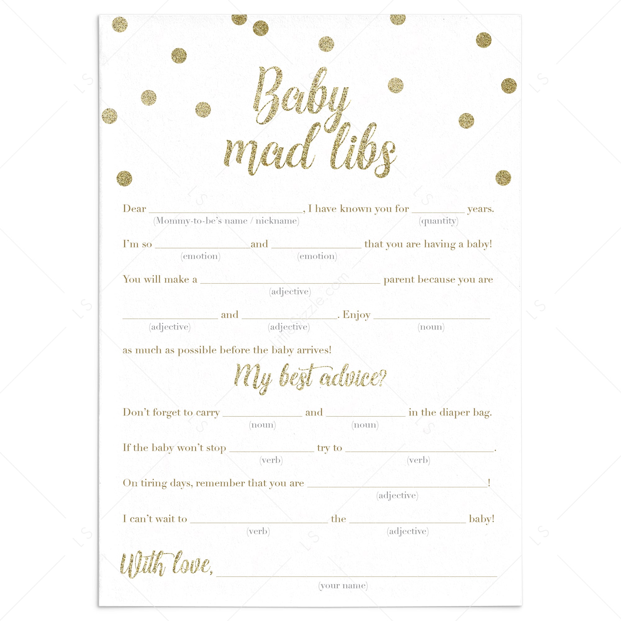 Baby mad libs advice cards for new mom gold by LittleSizzle