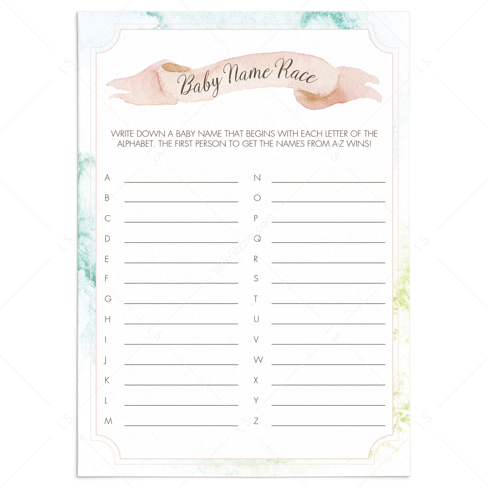 Blush pink baby name race printable for baby shower by LittleSizzle