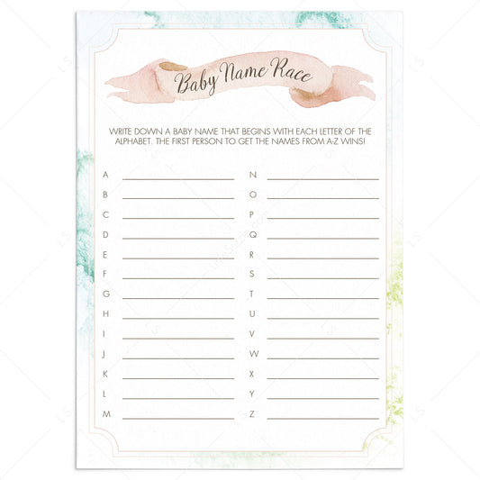 Blush pink baby name race printable for baby shower by LittleSizzle