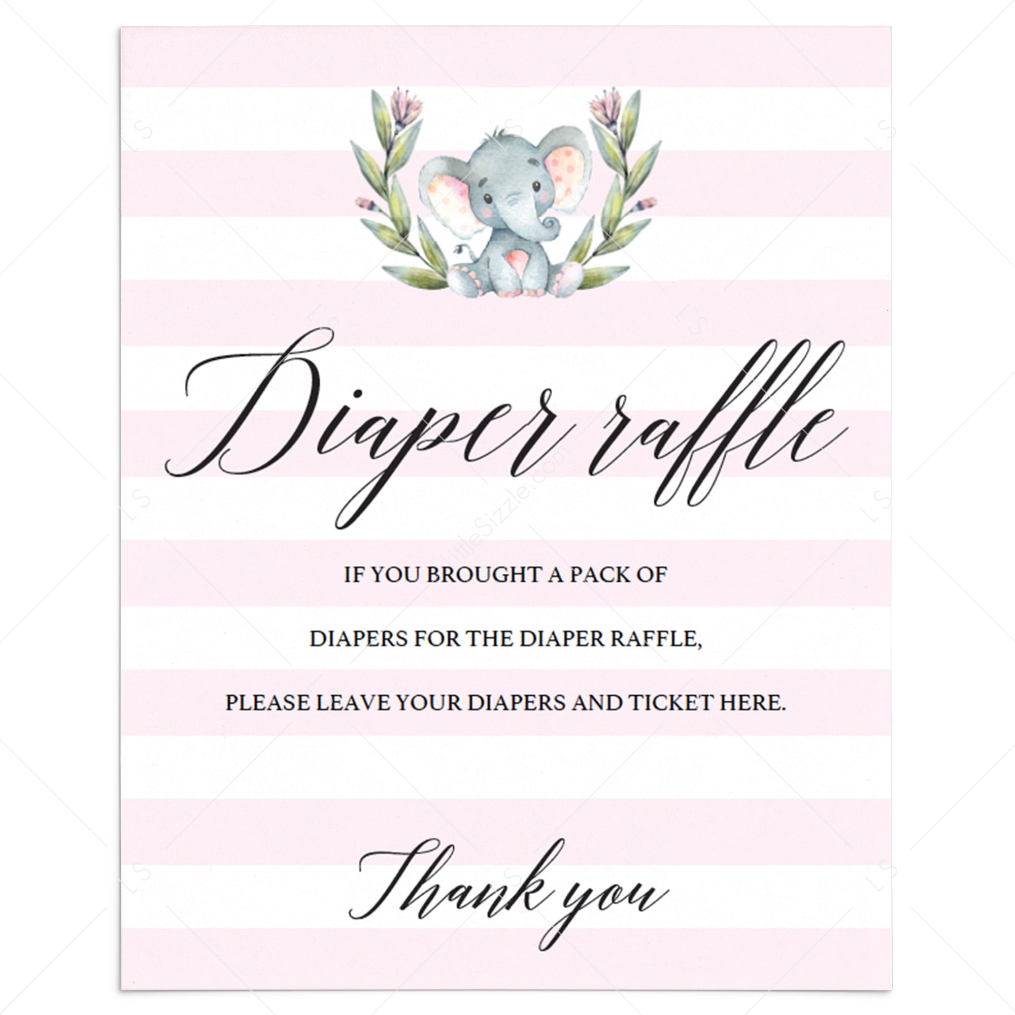 Girl baby shower diaper raffle sign with watercolor grey elephant by LittleSizzle