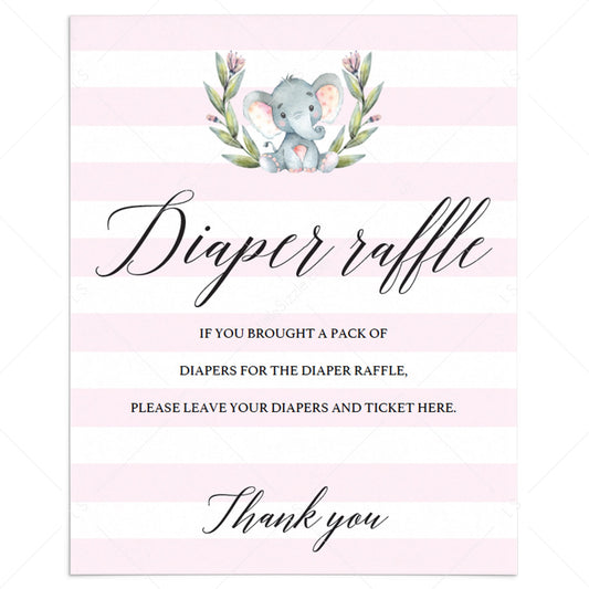 Girl baby shower diaper raffle sign with watercolor grey elephant by LittleSizzle