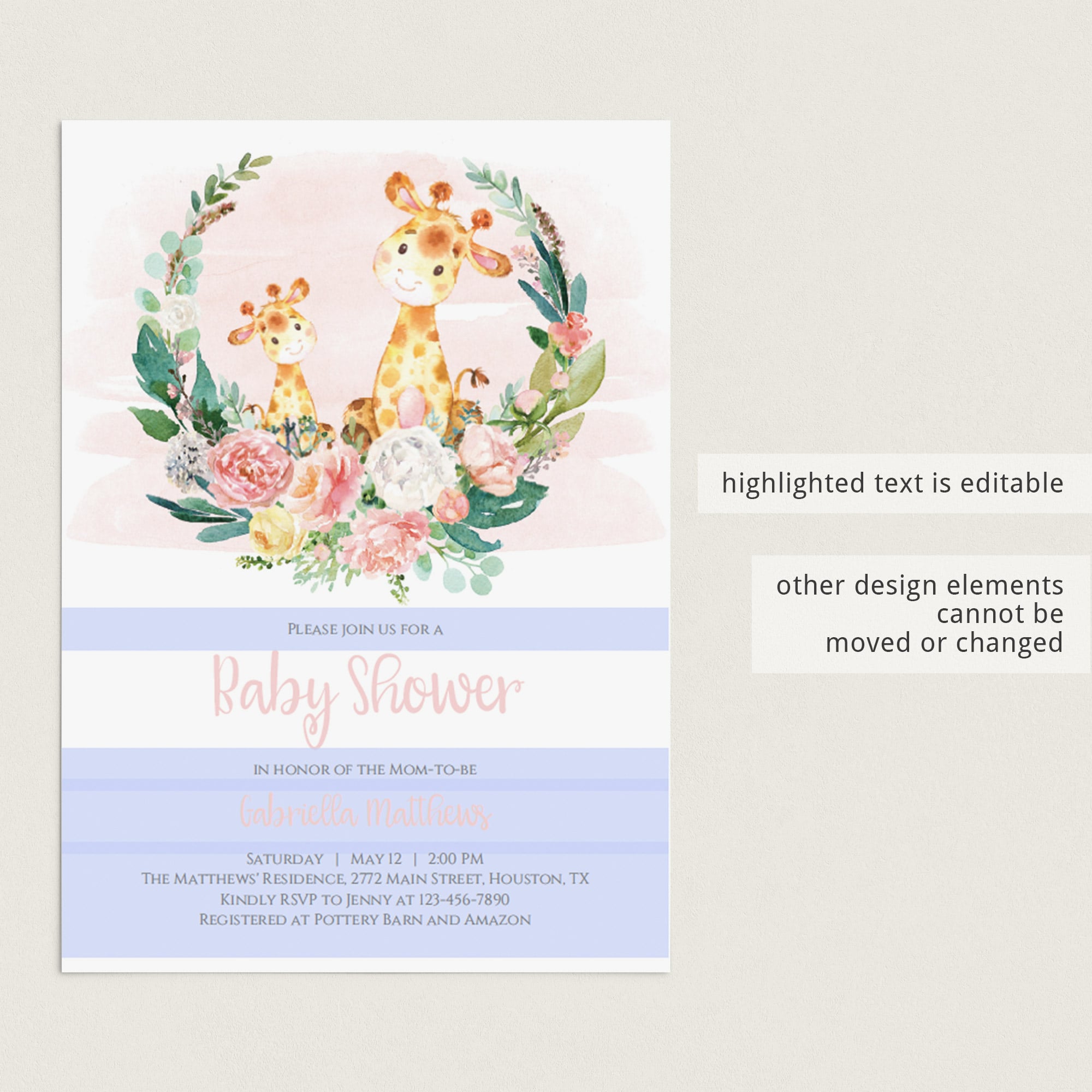 Floral green wreath baby shower invite template for girls by LittleSizzle