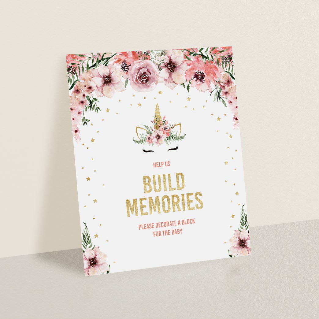 Floral unicorn baby shower game decorate a block help us build memories by LittleSizzle