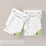 Guess The Price Baby Shower Game Printable with Green Leaves