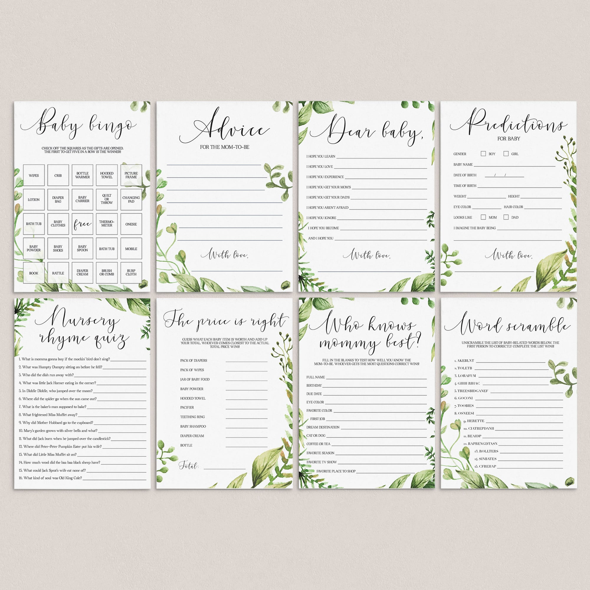 Botanical baby shower games printable package by LittleSizzle