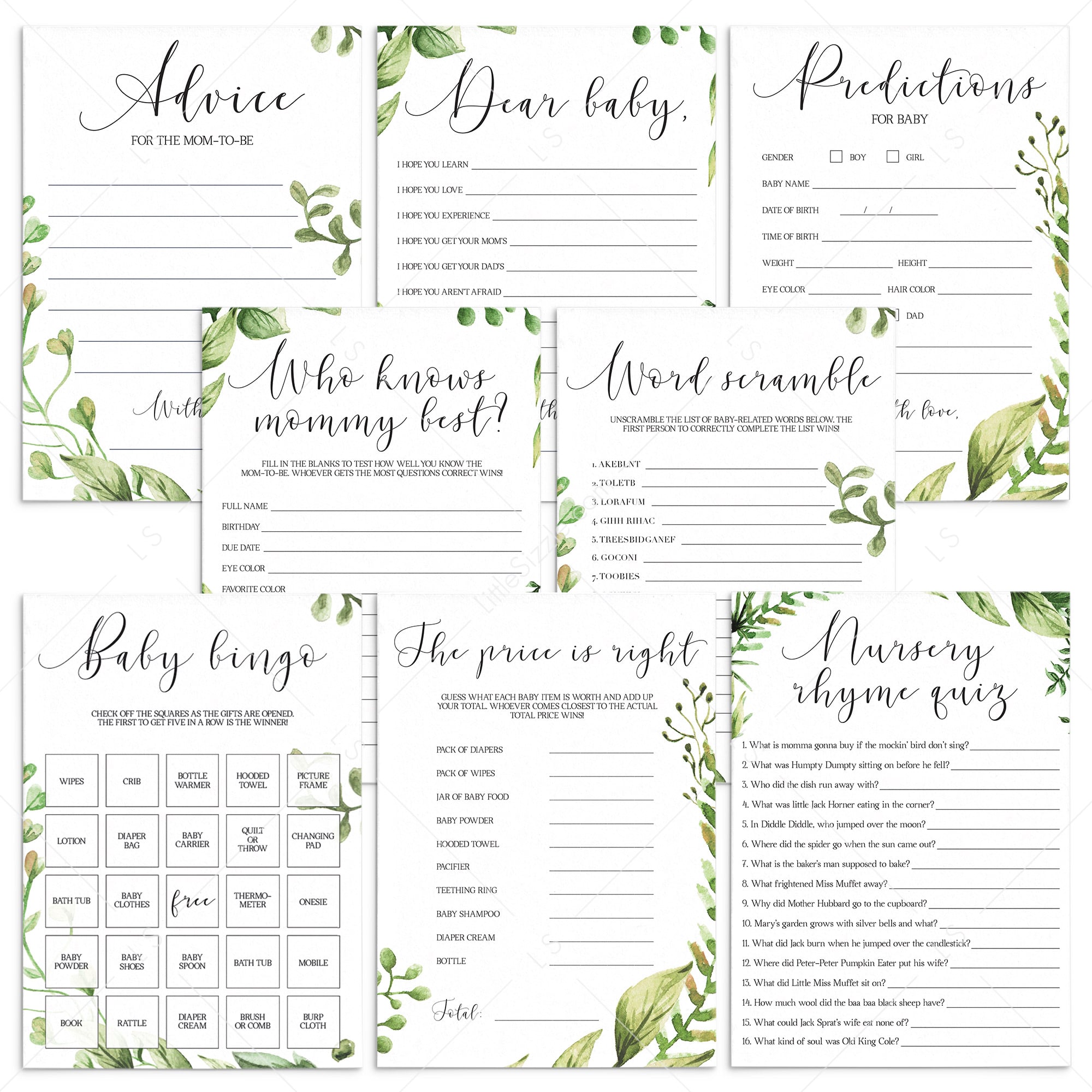 Botanical baby shower games printable package by LittleSizzle
