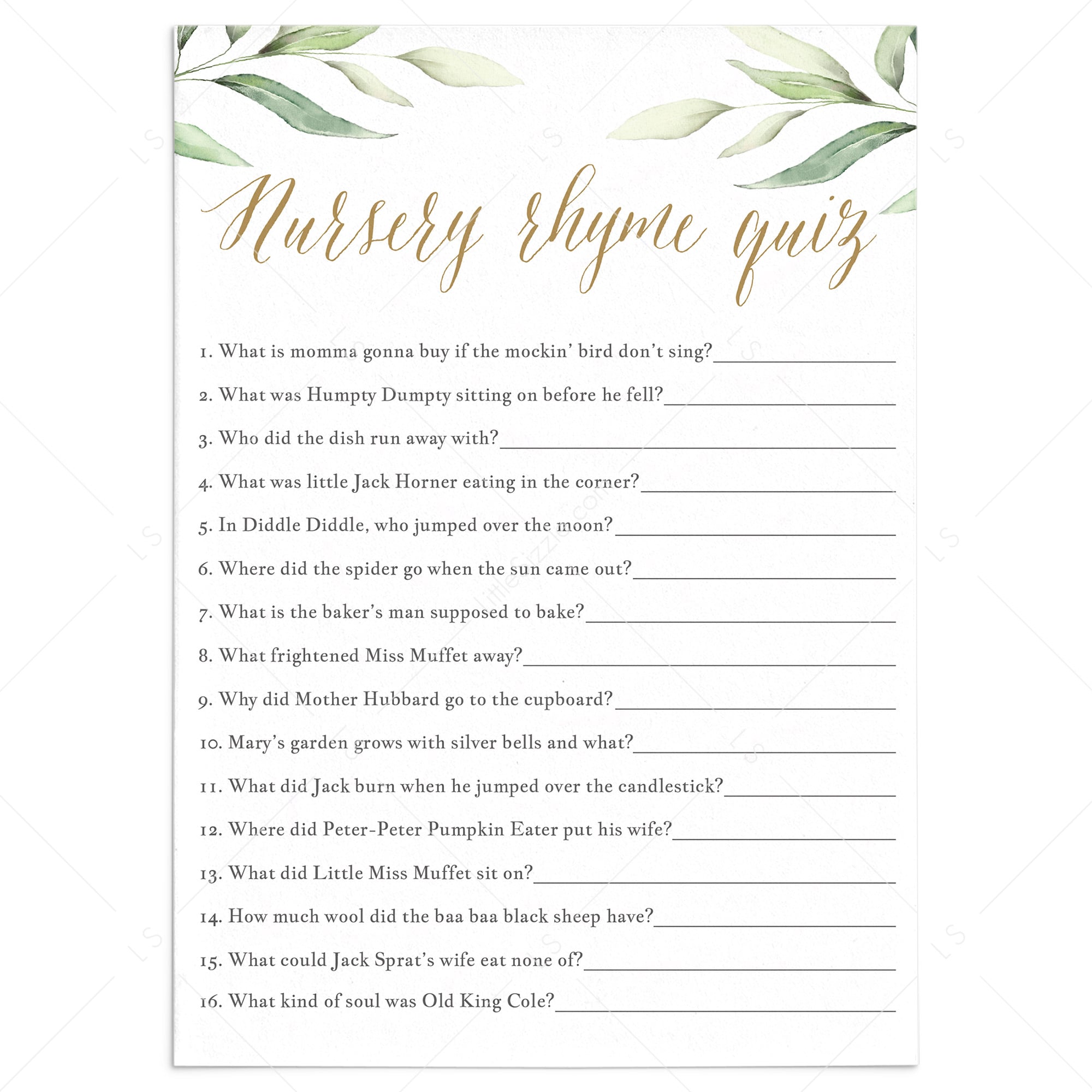 Watercolor Greenery Baby Shower Nursery Rhyme Game by LittleSizzle