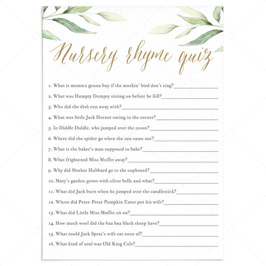Watercolor Greenery Baby Shower Nursery Rhyme Game by LittleSizzle