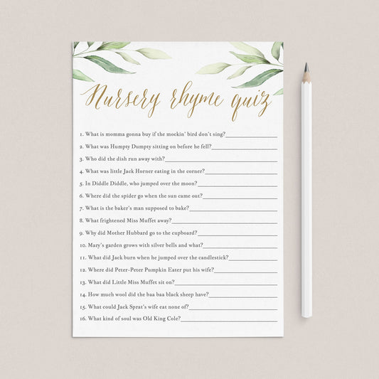 Watercolor Greenery Baby Shower Nursery Rhyme Game by LittleSizzle