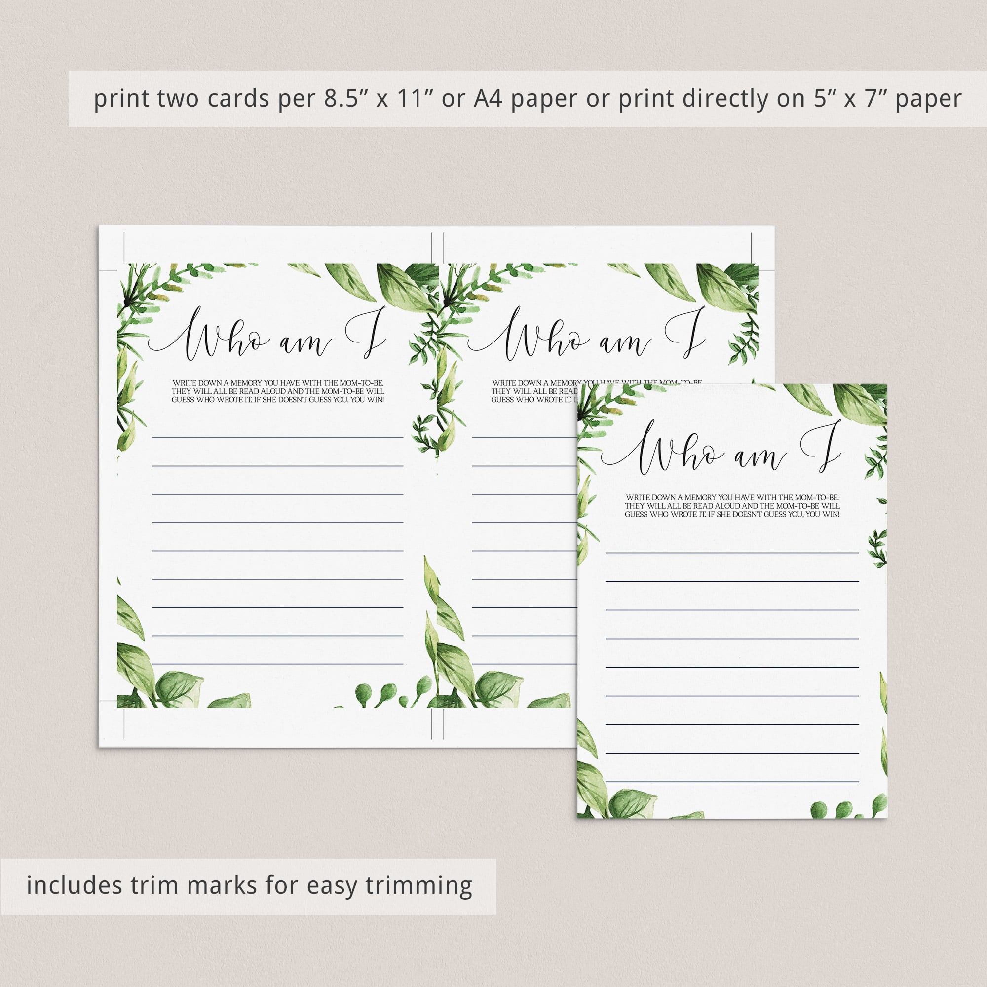 Watercolor green leaves baby shower games instant download by LittleSizzle