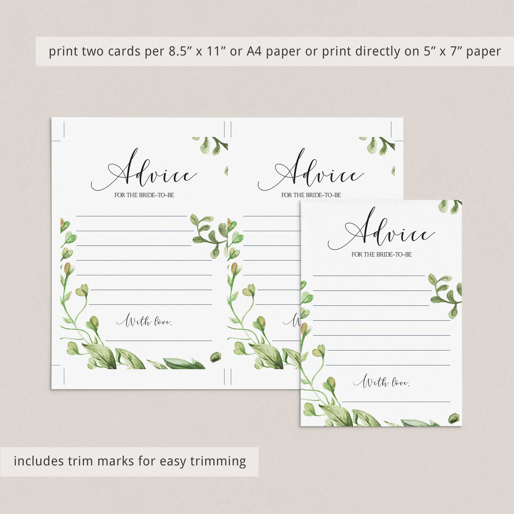 greenery bridal shower advice cards printable by LittleSizzle