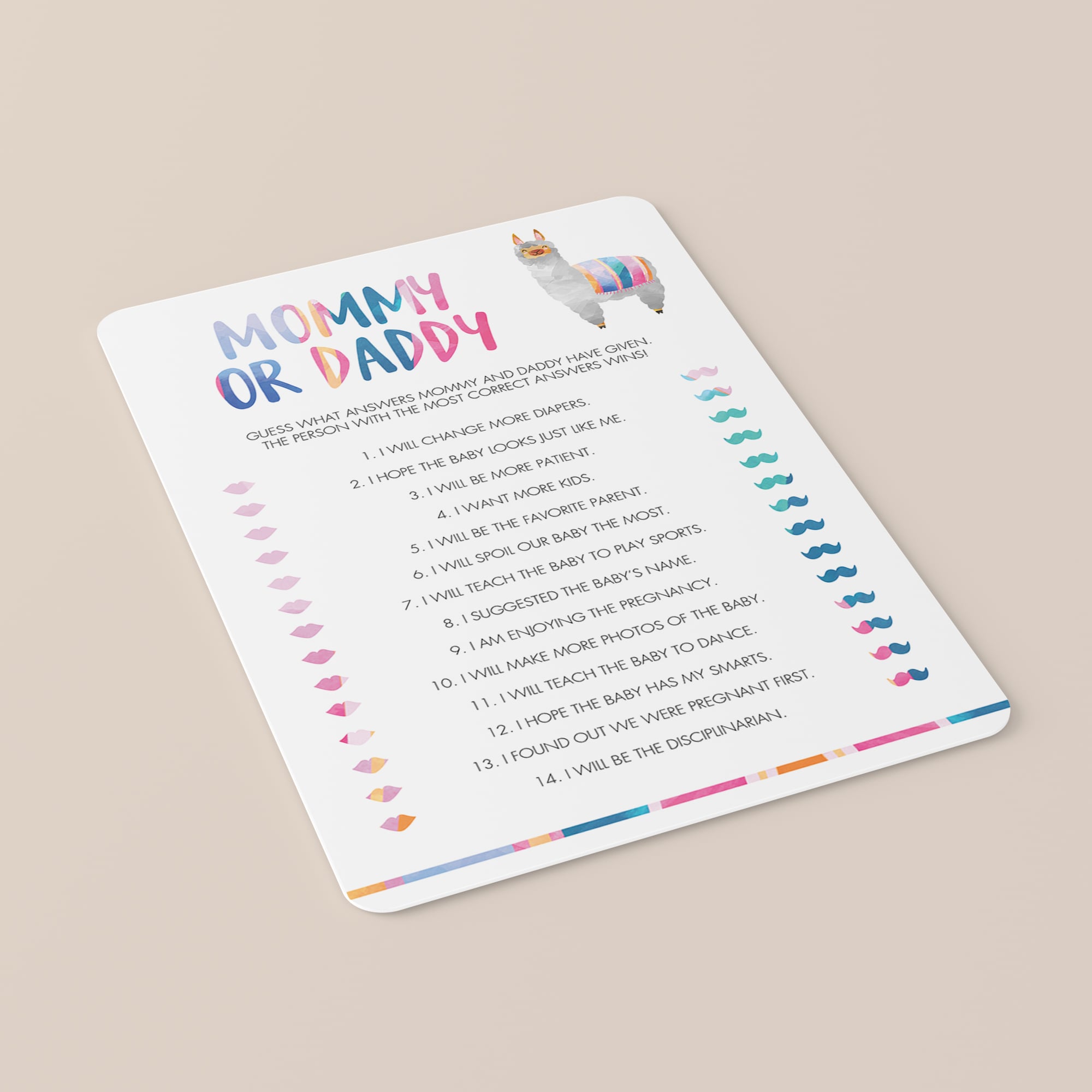 Llama baby shower mommy or daddy game digital files by LittleSizzle
