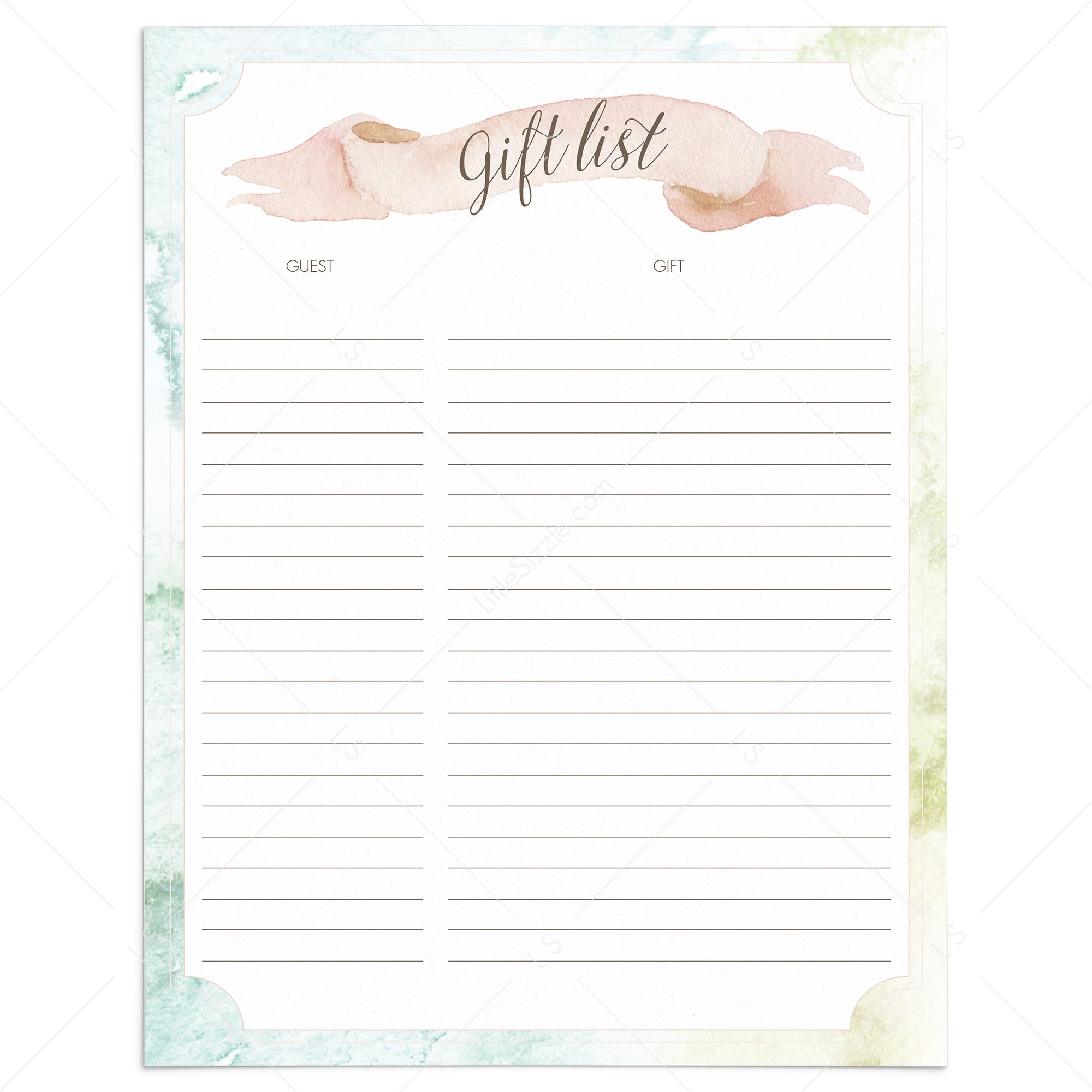 Watercolor gift sheet for shower printable by LittleSizzle