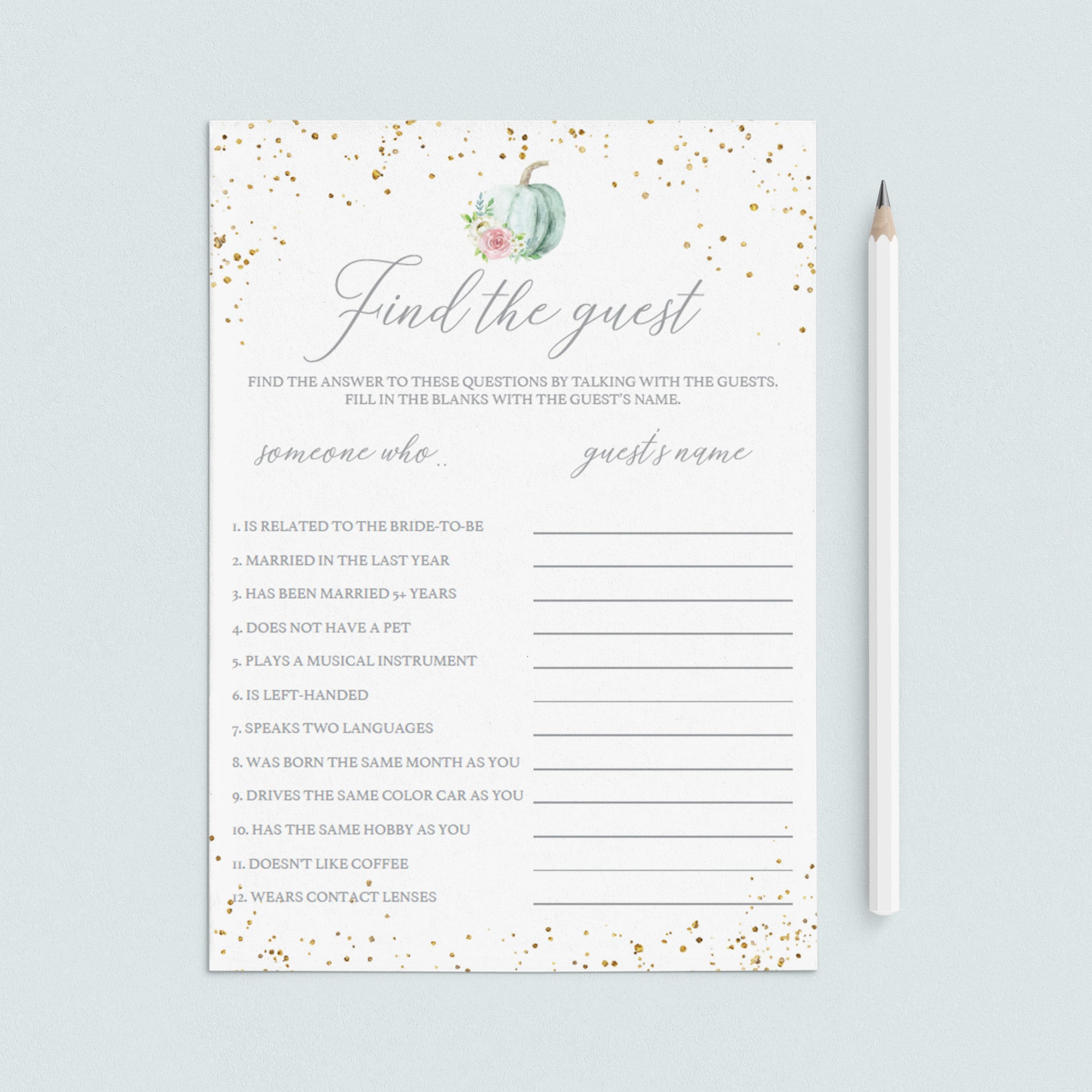 Fall Theme Find The Guest Game Template with Watercolor Pumpkin by LittleSizzle