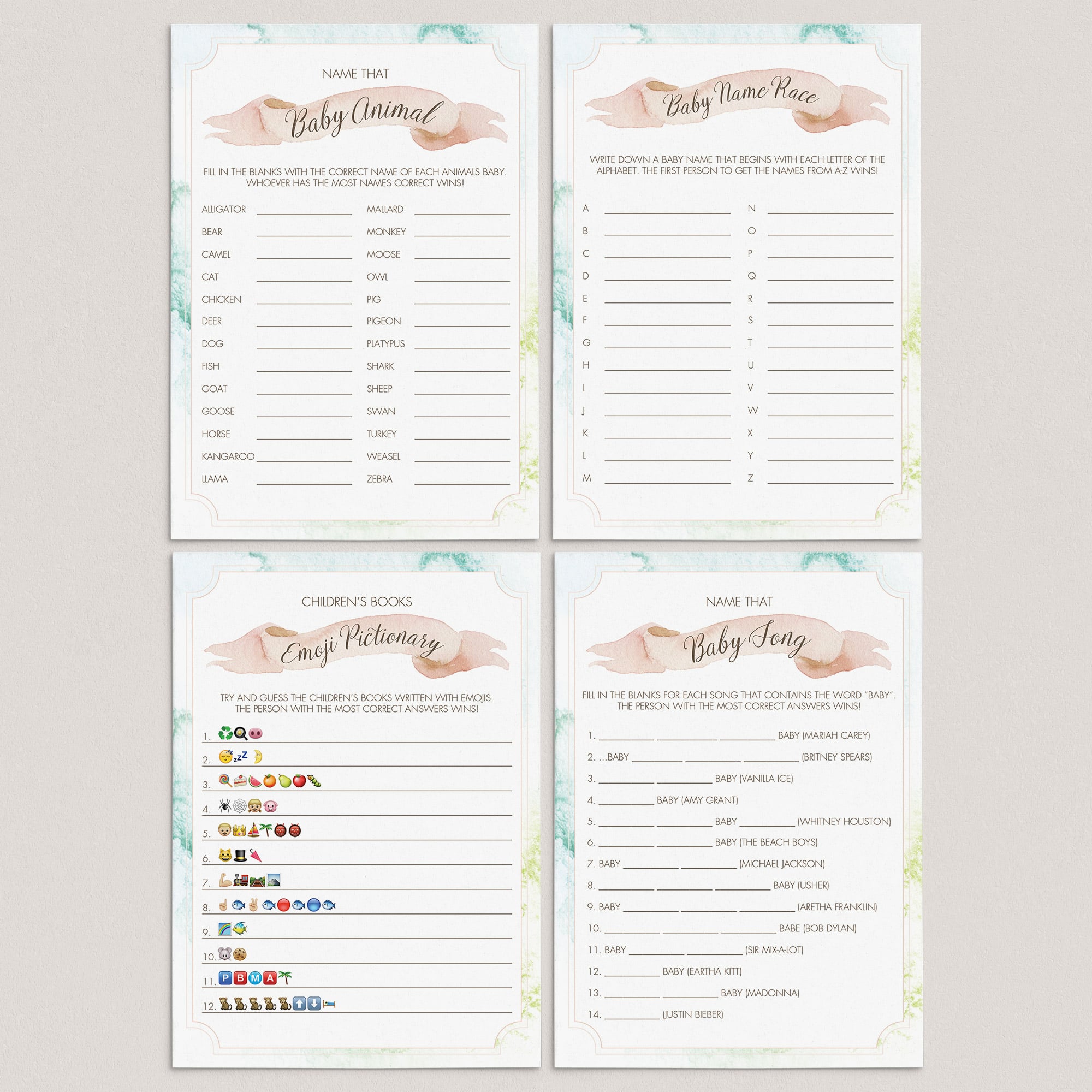 Printable Watercolor Baby Shower Games by LittleSizzle