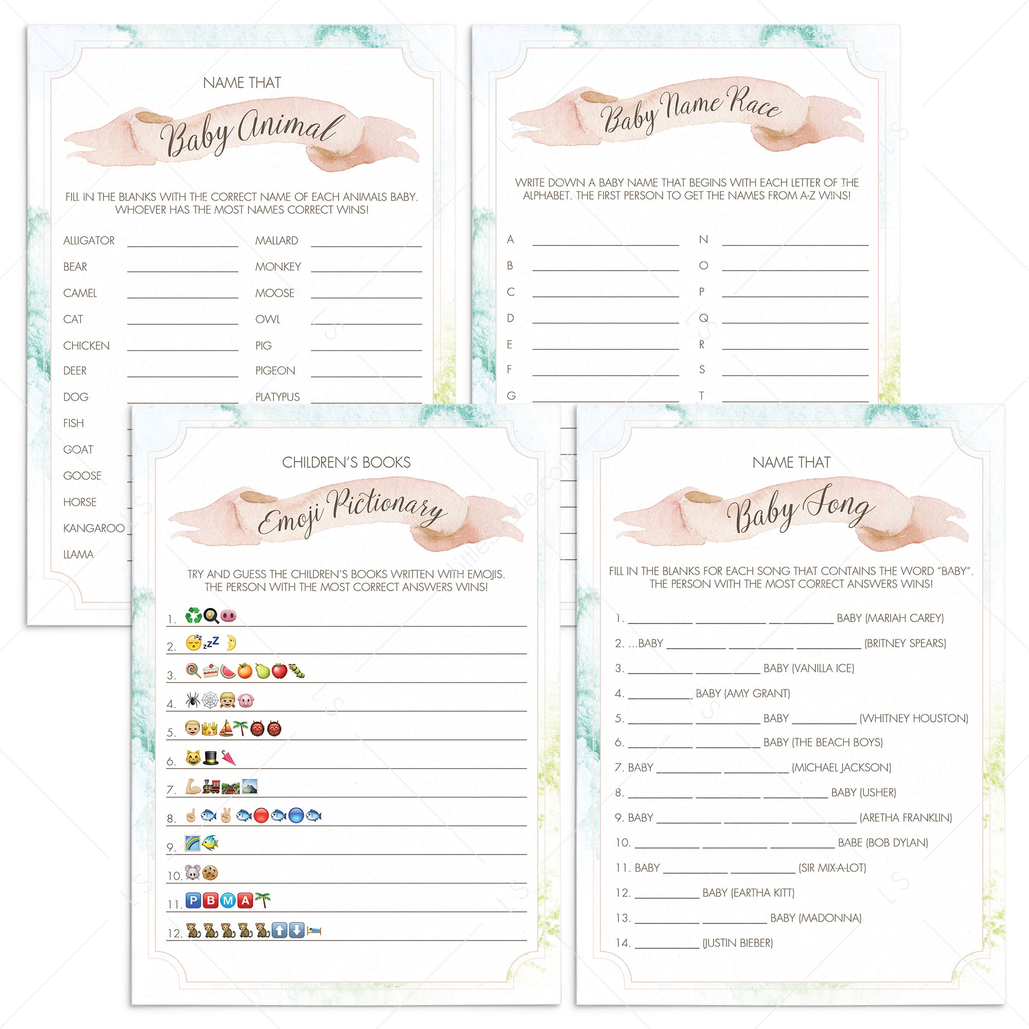 Printable Watercolor Baby Shower Games by LittleSizzle