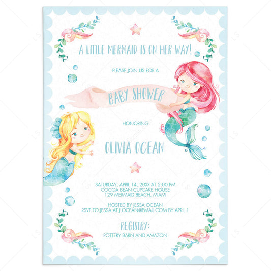 Mermaid Baby Shower Invitation Template Watercolor by LittleSizzle