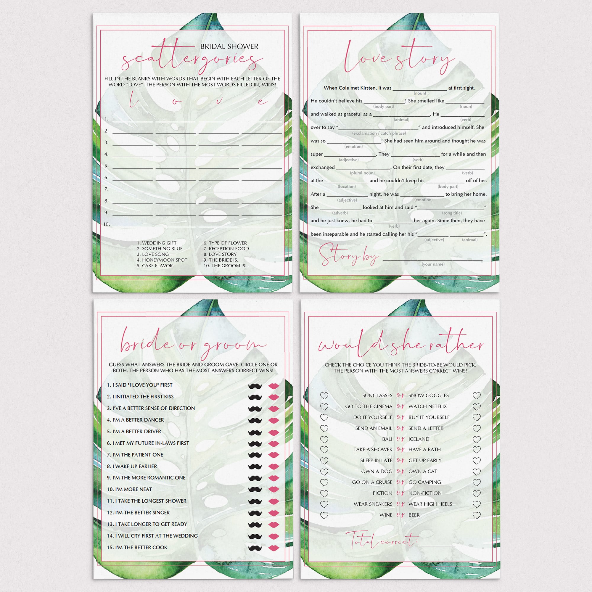 tropical games for bridal shower monstera leaves decorations