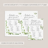 whats in your purse game for bridal shower greenery theme