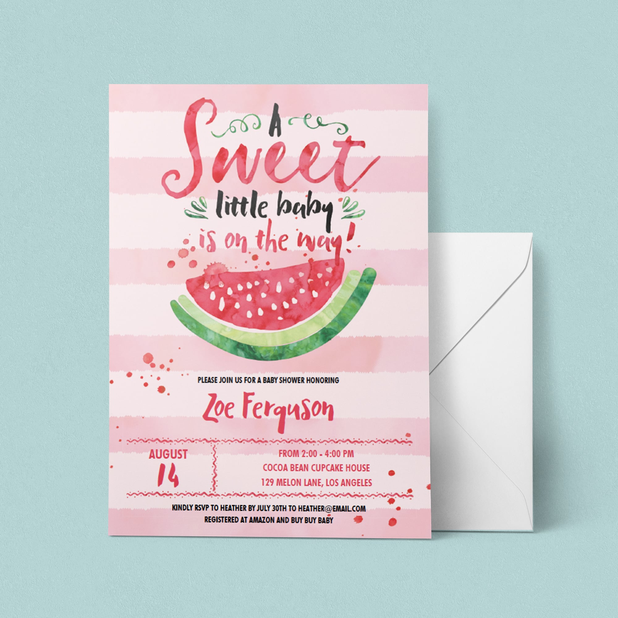 Pink stripes baby shower invitation PDF template by LittleSizzle