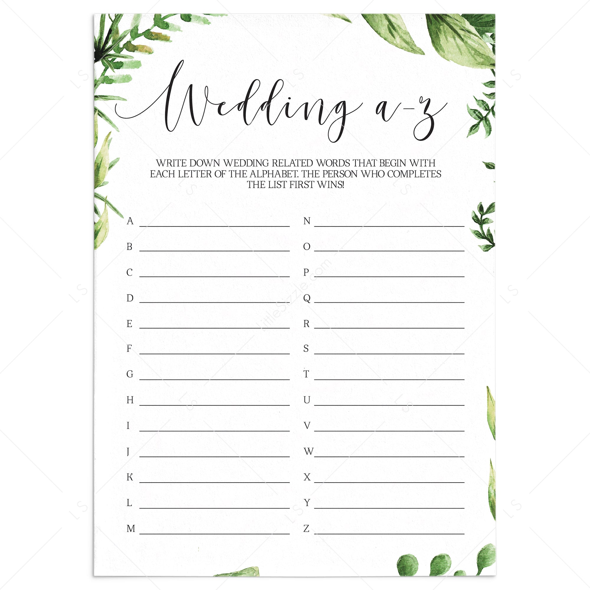 wedding a-z bridal shower game instant download by LittleSizzle